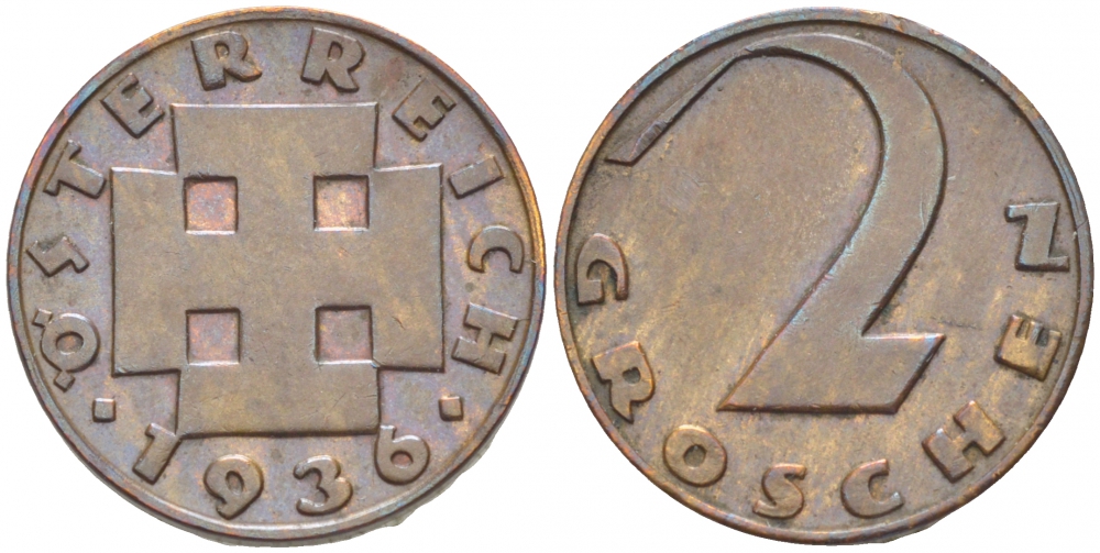 АВСТРИЯ 2 ГРОША 1936 KM 2837 бронза 3309-944