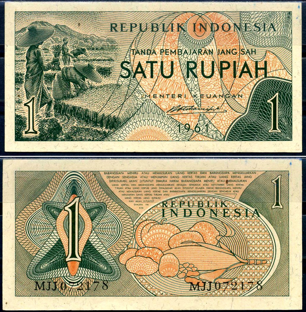 Индонезия 1 рупия 1961 урожай риса, серия MJJ072 Pick 78 бумага aUNC 7554-16-3-2