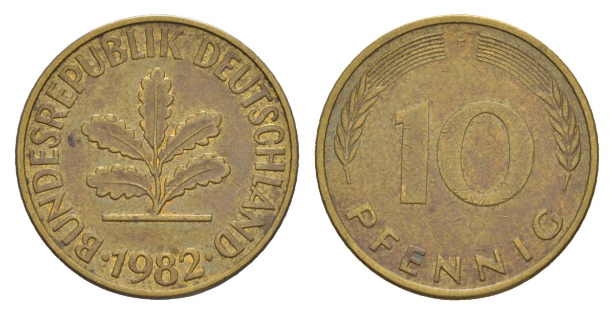 ФРГ 10 пфеннигов 1982 F KM 108, J. 383 сталь плакированная латунью 4627-112