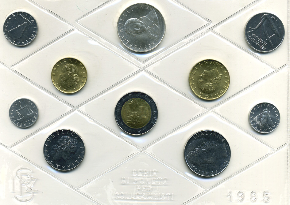 Италия госнабор из 10 монет 1985 200 лет со дня рождения Алессандро Мадзони KM MS 14 серебро UNC 7-5-1-1