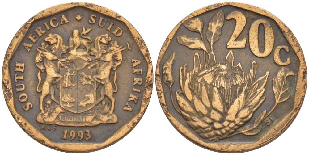 ЮАР 20 центов 1993 герб, цветок протея KM 136 сталь плакированная латунью 105-831