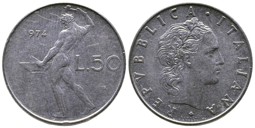 Италия 50 лир 1974 R, бог огня Вулкан у наковальни KM 95.1 нержавеющая сталь 85-156