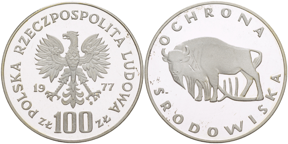 Польша 100 злотых 1977 MW, серия охрана окружающей среды, зубр KM 87, Parchimowicz 276 серебро PROOF 1085-1-11