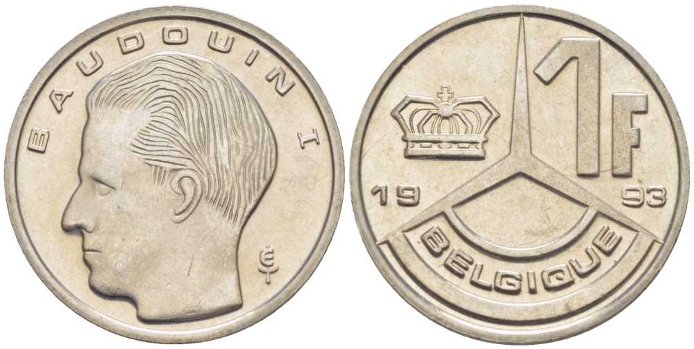 БЕЛЬГИЯ 1 ФРАНК 1993 BELGIQUE, БОДУЭН I (1951-1993) KM 170 железо плакированное никелем 3851-1146