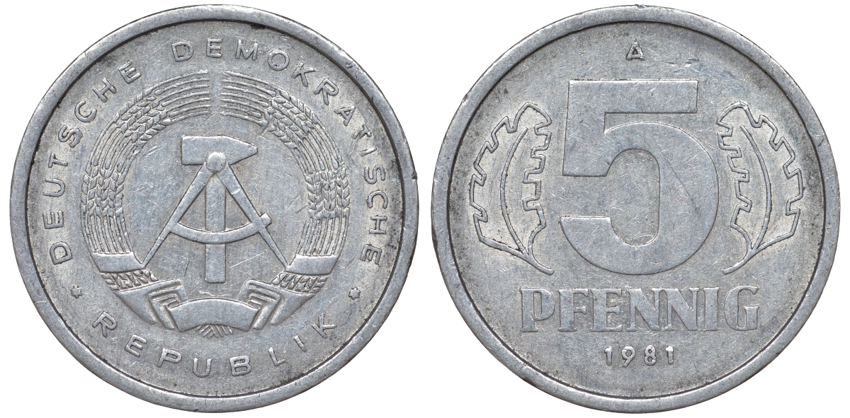 ГДР 5 пфеннигов 1981 A KM 9.2 алюминий 62-432