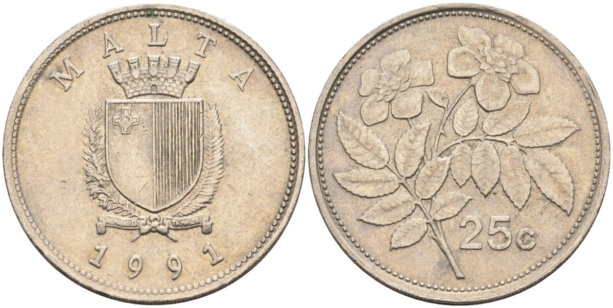 Мальта 25 центов 1991 шиповник вечнозелёный KM 97 медно-никель 181-622