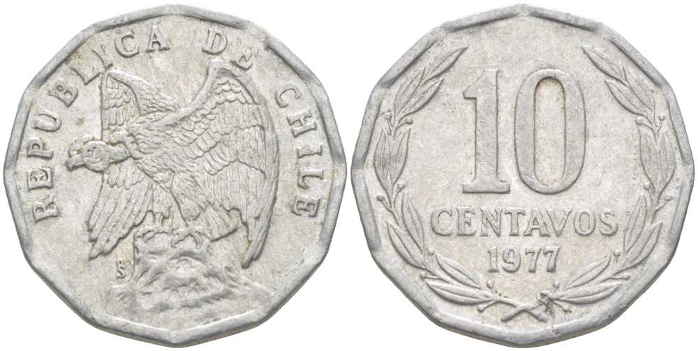 Чили 10 сентаво 1977 KM 205a алюминий 4402-352