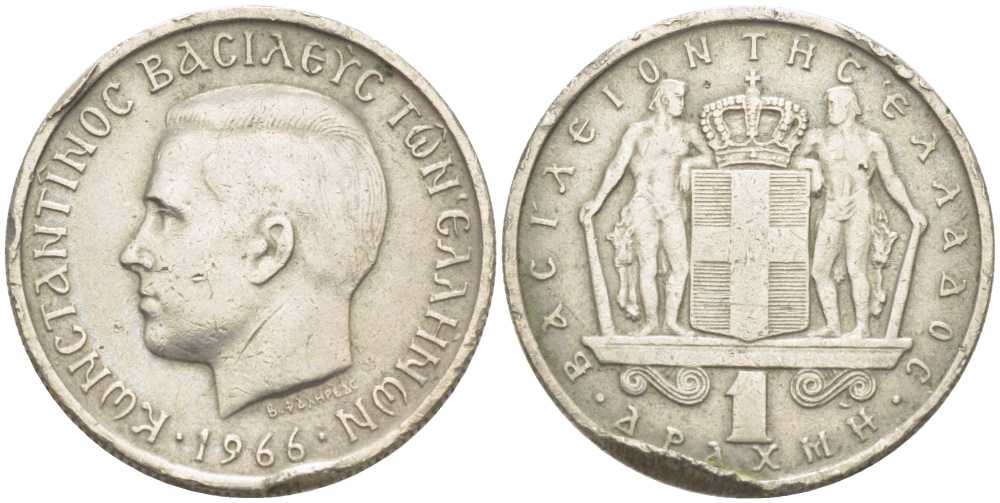 ГРЕЦИЯ 1 ДРАХМА 1966 КОНСТАНТИН II (1964-1973) KM 89 медно-никель 210-922
