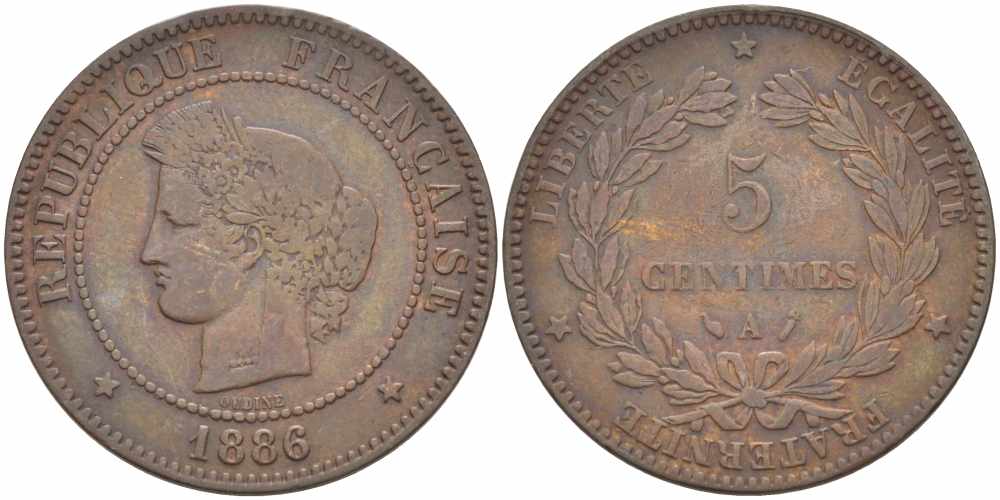 ФРАНЦИЯ 5 САНТИМОВ 1886 A, ТРЕТЬЯ РЕСПУБЛИКА (1871-1940) KM 821.1, LE FRANC 118.29 бронза 108-732