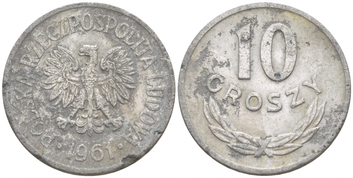 ПОЛЬША 10 ГРОШЕЙ 1961 MW KM АА47 алюминий 4549-257
