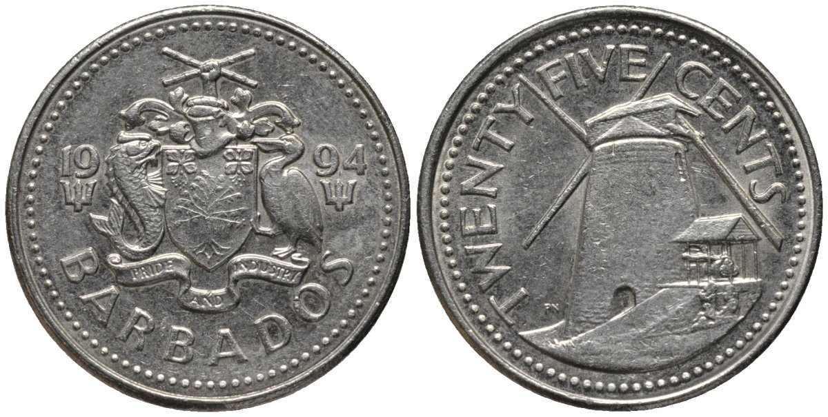 Барбадос 25 центов 1994 ветряная мельница Моргана Льюиса KM 13 медно-никель 4577-1152