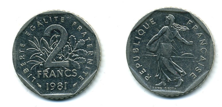 ФРАНЦИЯ 2 ФРАНКА 1981 СЕЯТЕЛЬ KM 942.1, LE FRANC 272.5 никель 25-2431