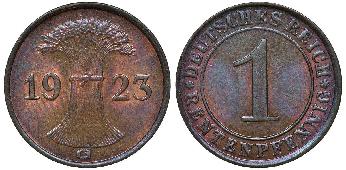 Германия 1 рентенпфенниг 1923 G KM 30, J. 306 бронза UNC 72-1167