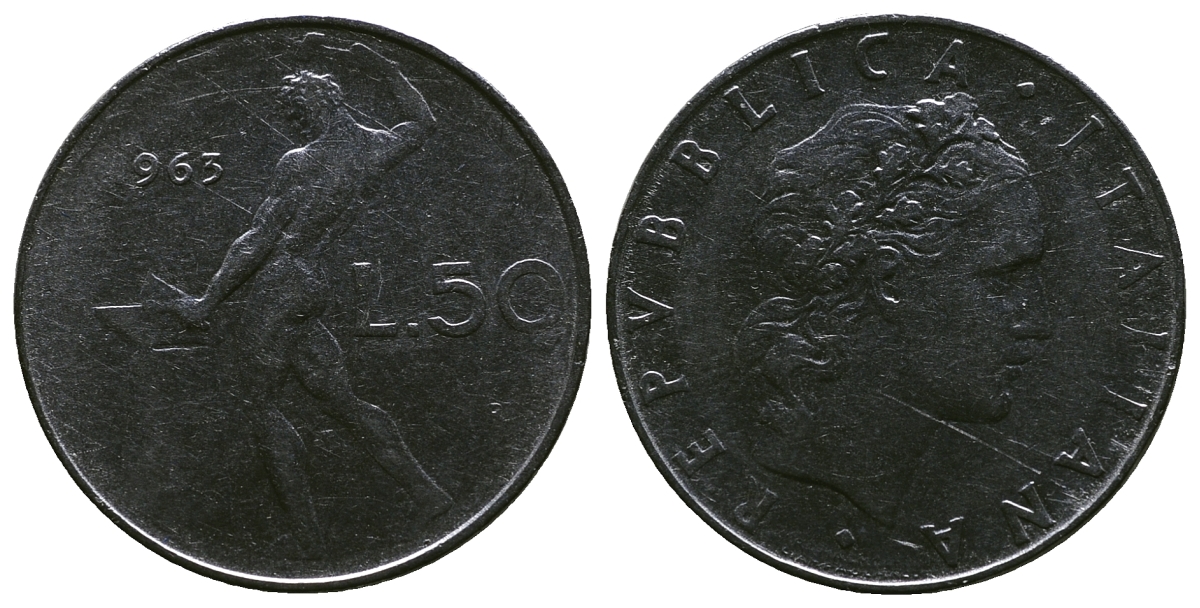 ИТАЛИЯ 50 ЛИР 1963 КУЗНЕЦ KM 95.1 сталь 4384-1115
