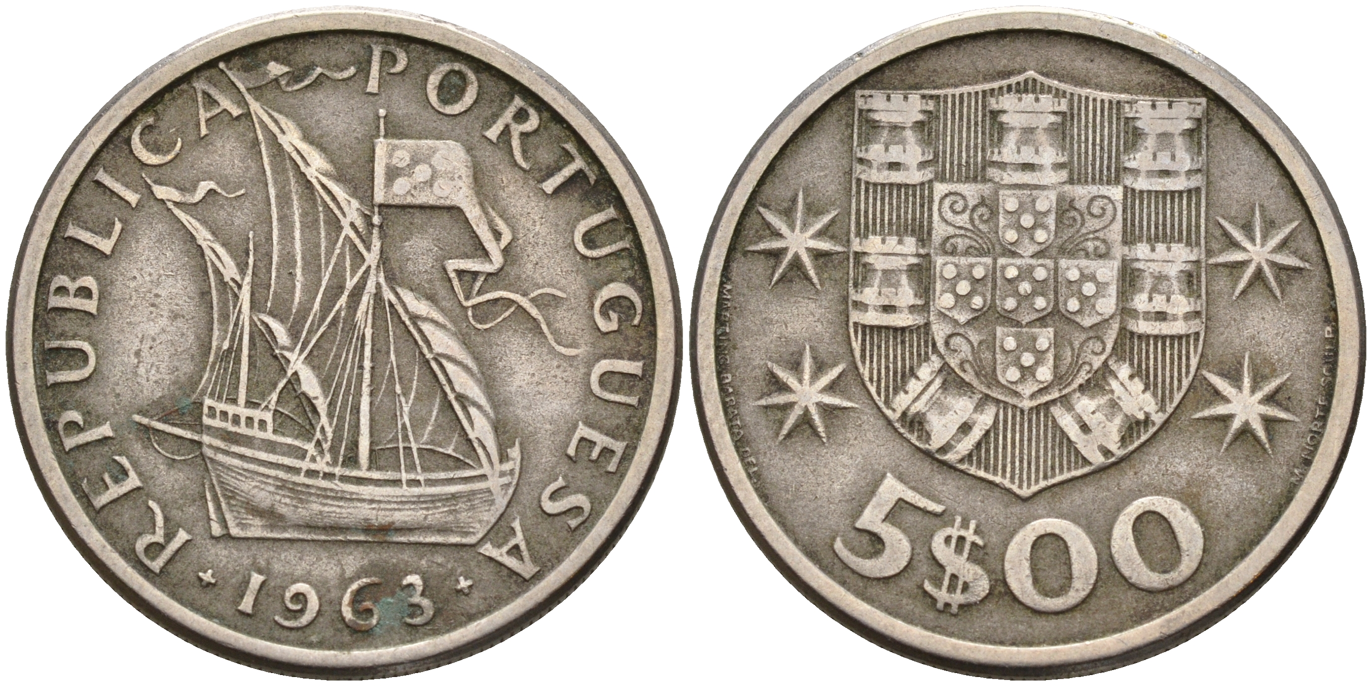 Португалия 5 эскудо 1963 парусник, первый год KM 591 медно-никель    4153-141