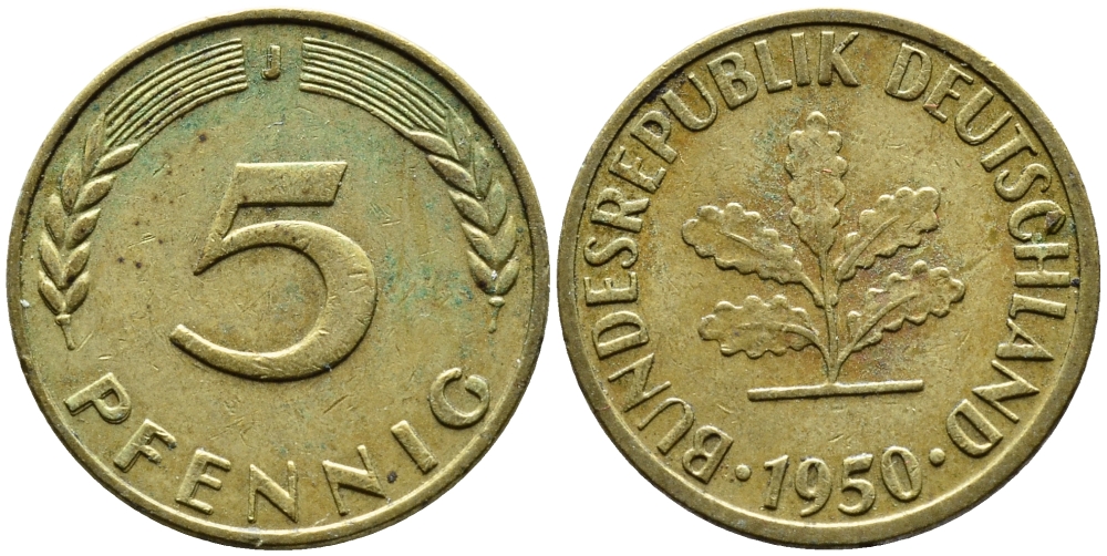 ФРГ 5 ПФЕННИГОВ 1950 J KM 107, J.382 сталь плакированная латунью 4392-448