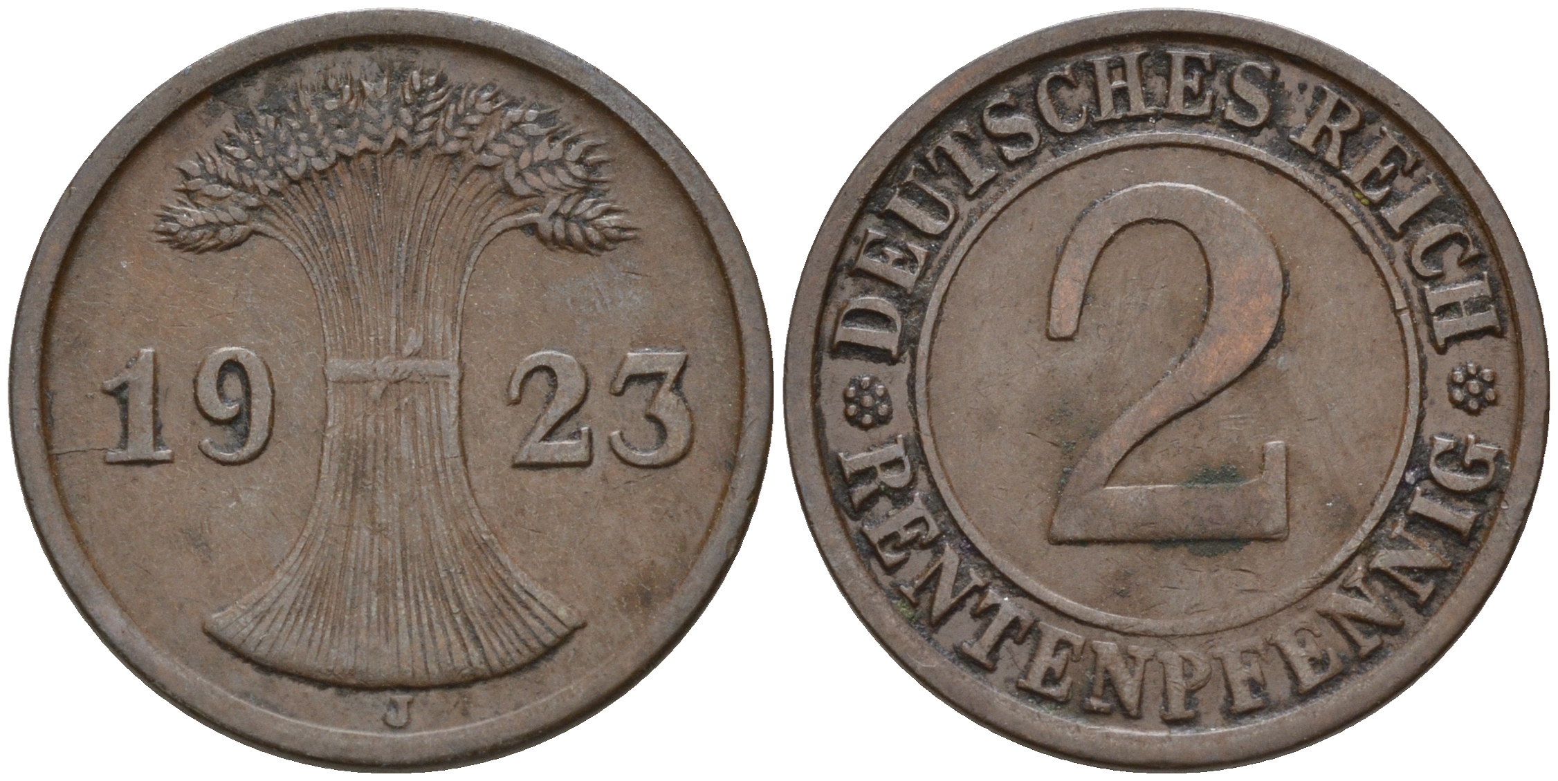 Германия 2 рентенпфеннига 1923 J KM 31, J. 307 бронза    4596-311