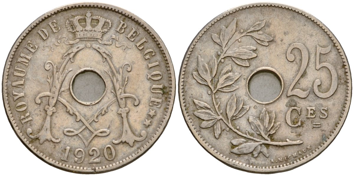 Бельгия 25 сантимов 1920 Belgique KM 68 медно-никель 27-1024