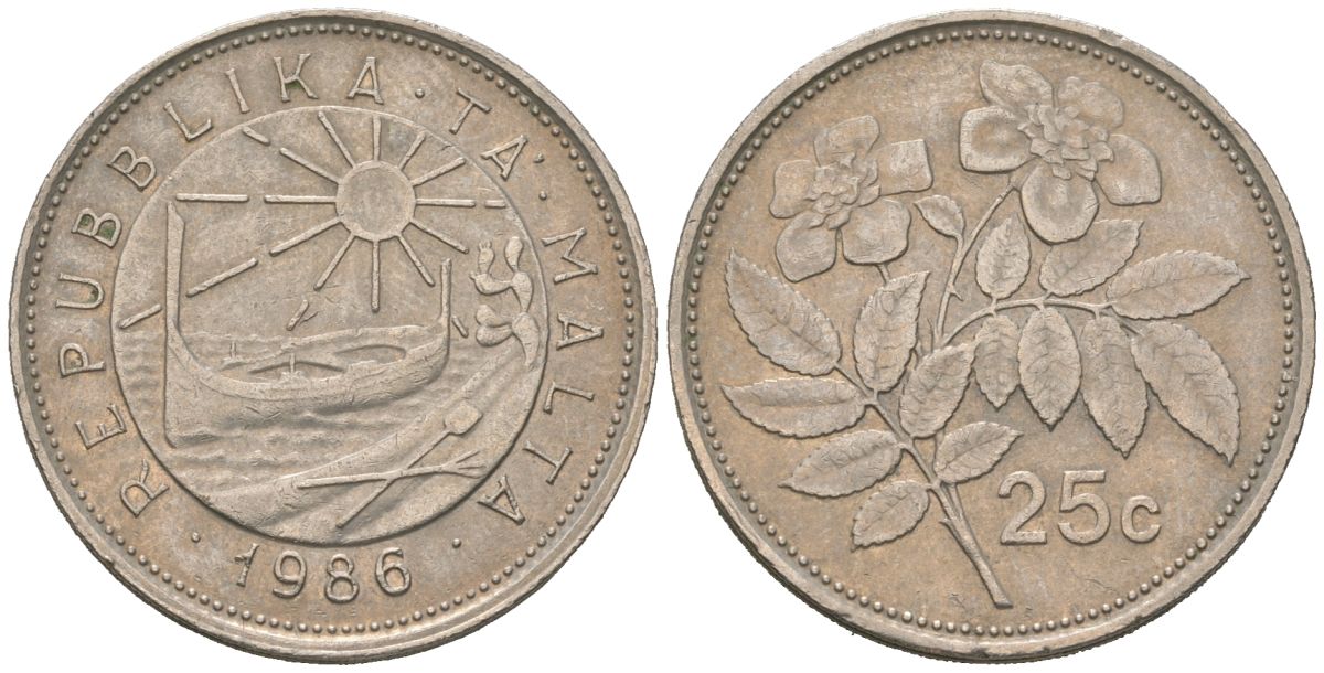 Мальта 25 центов 1986 шиповник вечнозелёный KM 80 медно-никель 4511-141