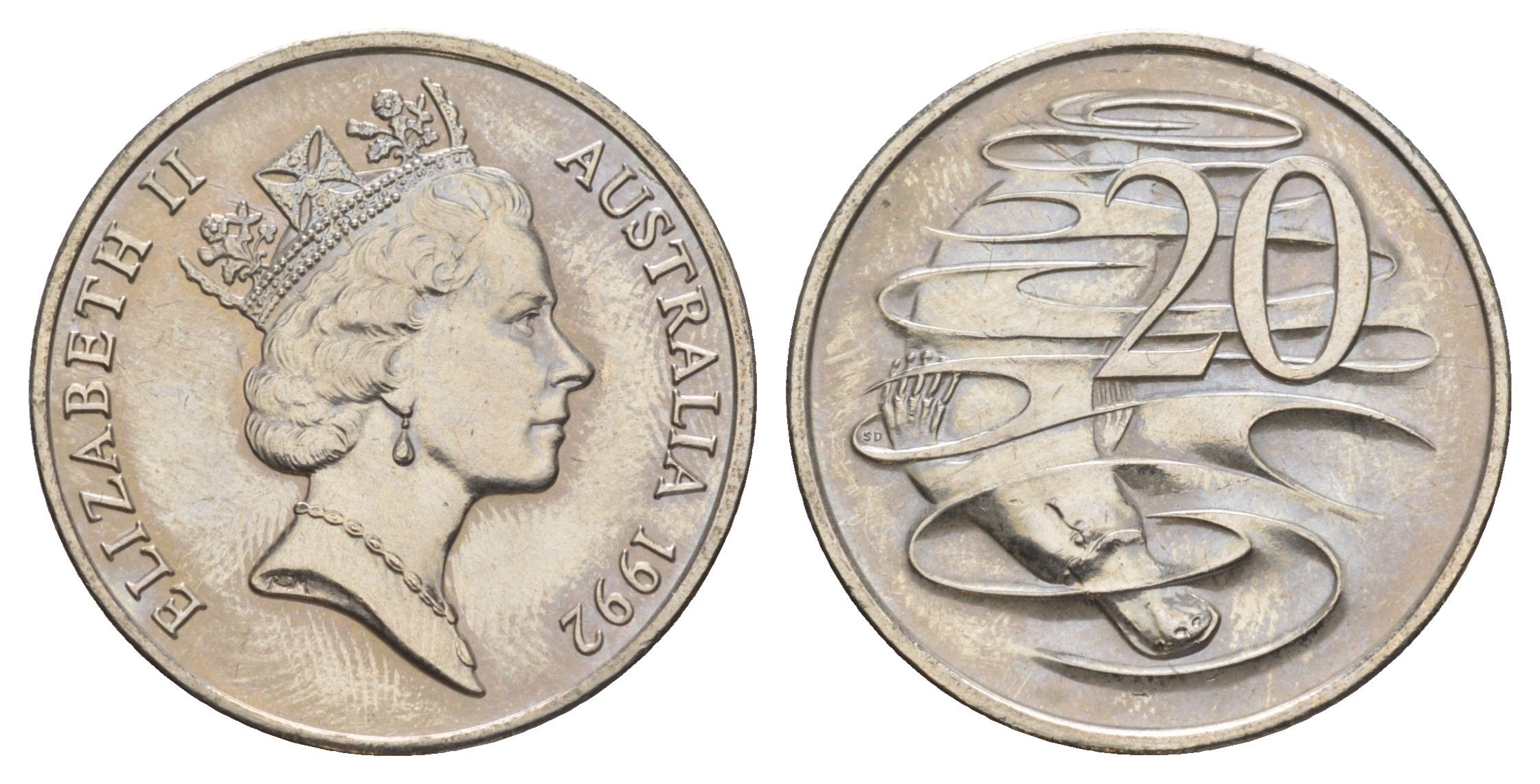 Австралия 20 центов 1992 Елизавета II (1952-2022), утконос KM 82 медно-никель UNC 4631-1144