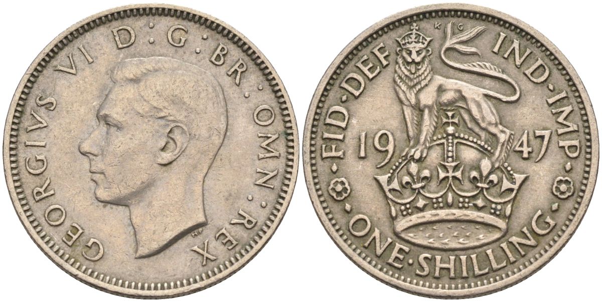Великобритания 1 шиллинг 1947 Георг VI (1936-1952), Английский герб KM 863, Spink 4103 медно-никель 4126-431