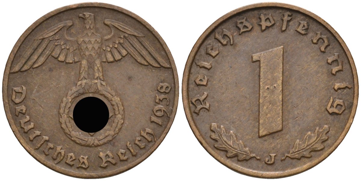 Германия 1 рейхспфенниг 1938 J KM 89, J 361 бронза 4136-1247