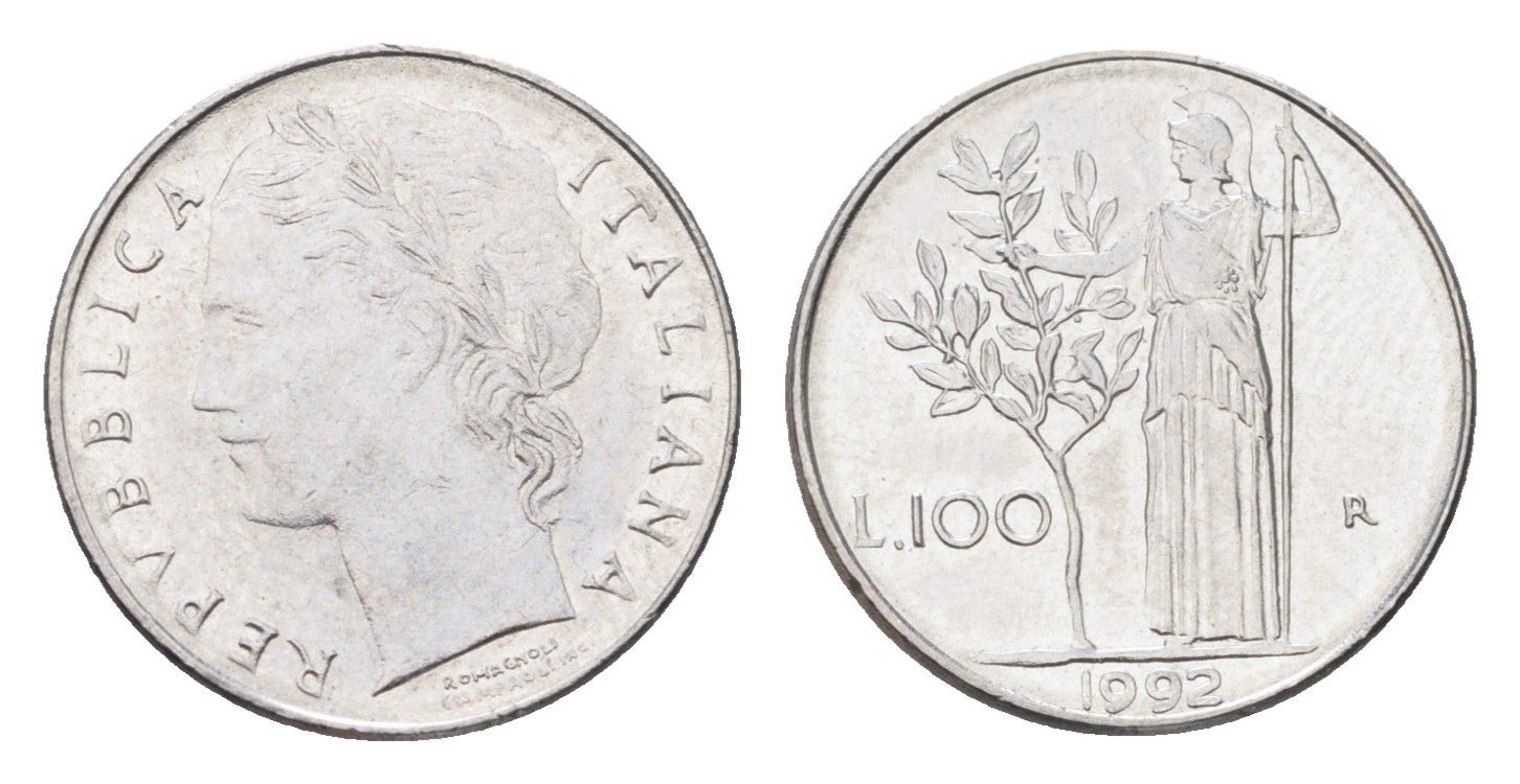 Италия 100 лир 1992 R, Афина в доспехах KM 96.2 нержавеющая сталь 4705-167