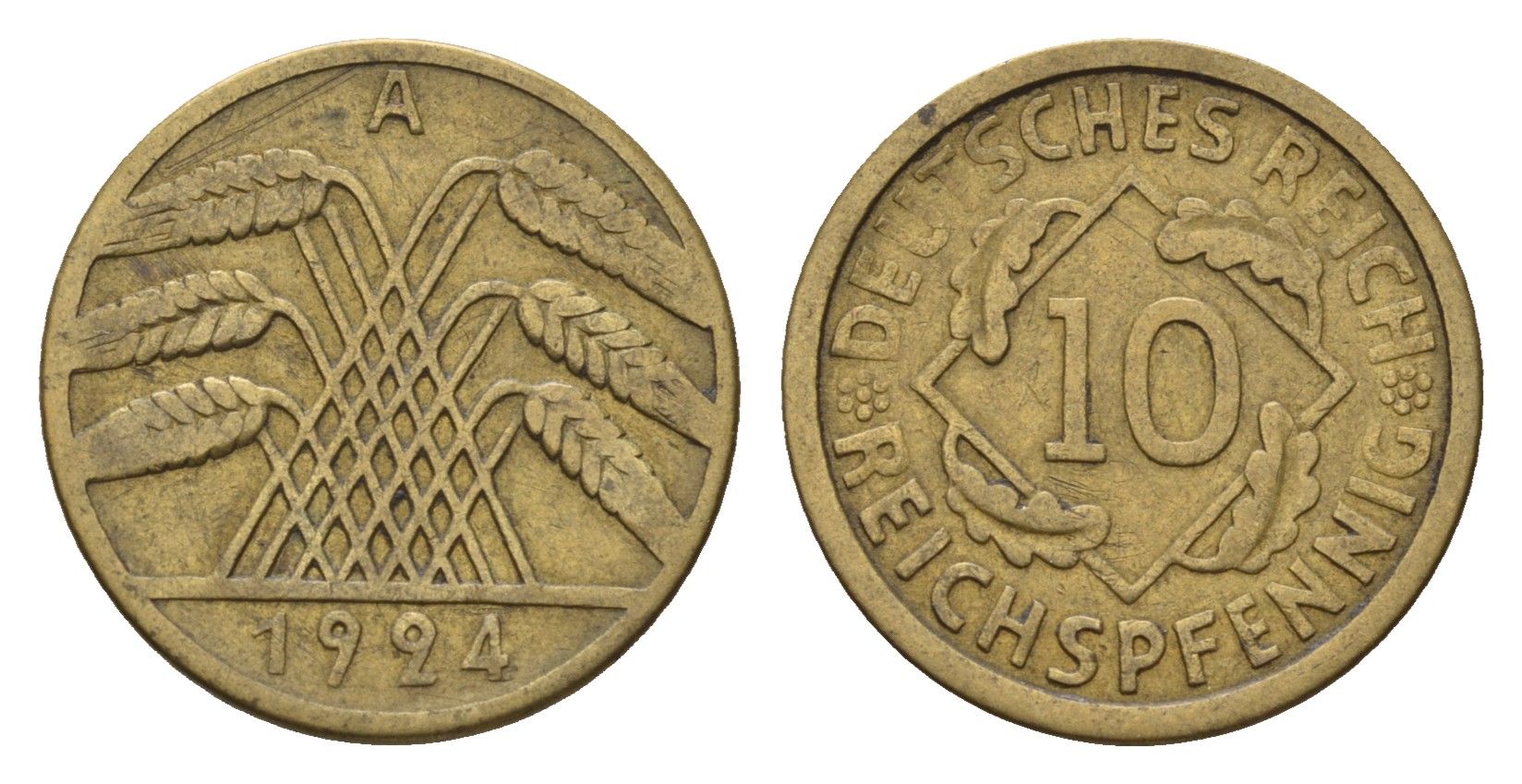 Германия 10 рейхспфеннигов 1924 A KM 40, J. 317 алюминиевая бронза 4684-223
