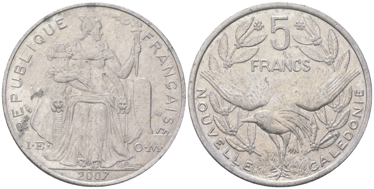 Французская Новая Каледония 5 франков 2007 птица кагу, (IEOM) KM 16, Schoen 12, Lec 81k алюминий 215-315