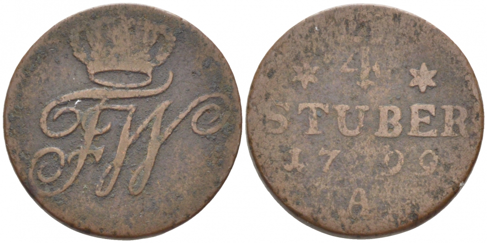 Бранденбург-Пруссия 1/4 штюбера 1799 A KM 272, Jaeger 6 медь 175-1224