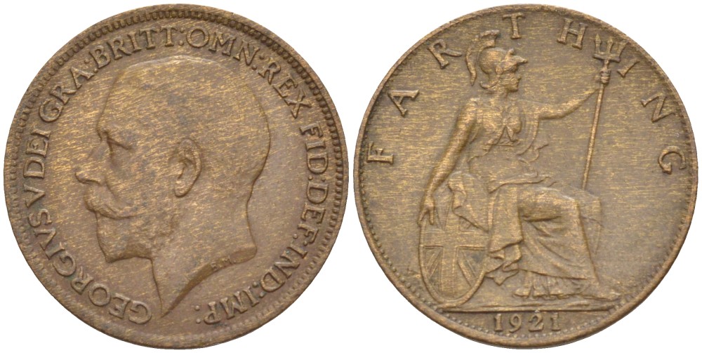 Великобритания 1 фартинг 1921 Георг V (1910-1936) KM 808.2, Spink 4060 бронза 4543-1017