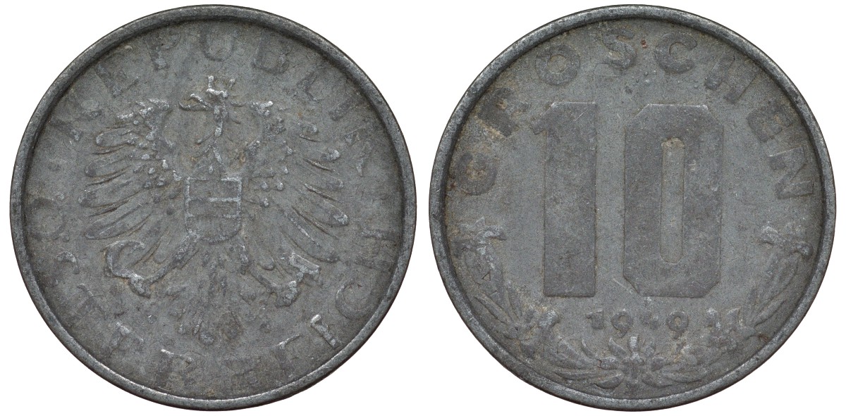 Австрия 10 грошей 1949 KM 2874 цинк 4163-234
