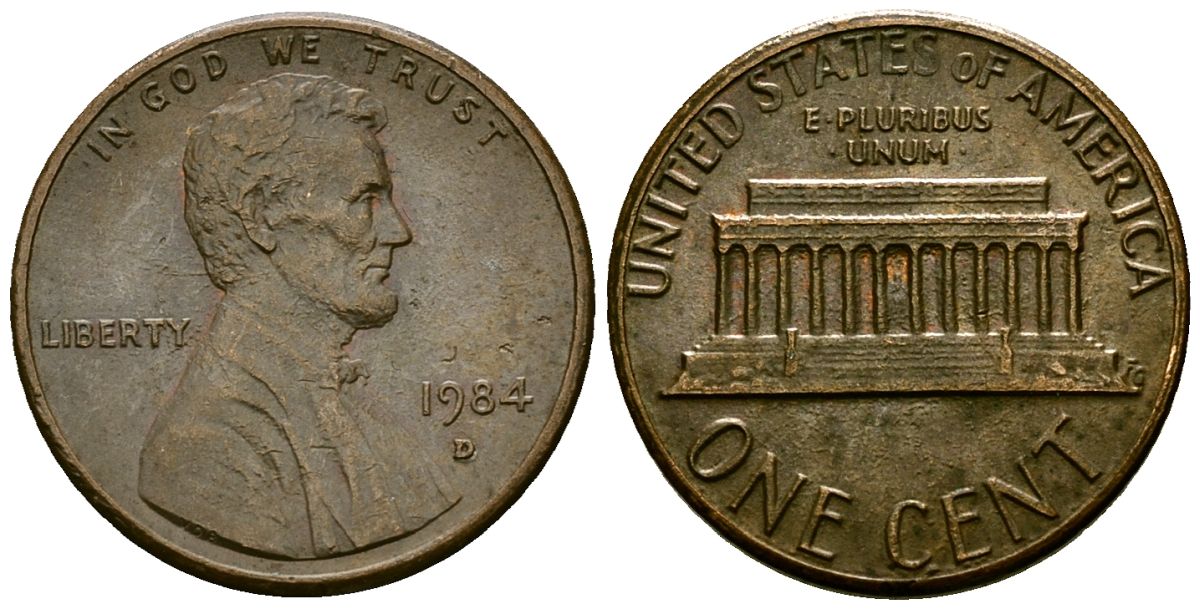 США 1 цент 1984 D, Линкольн KM 201b цинк плакированный медью 4136-242