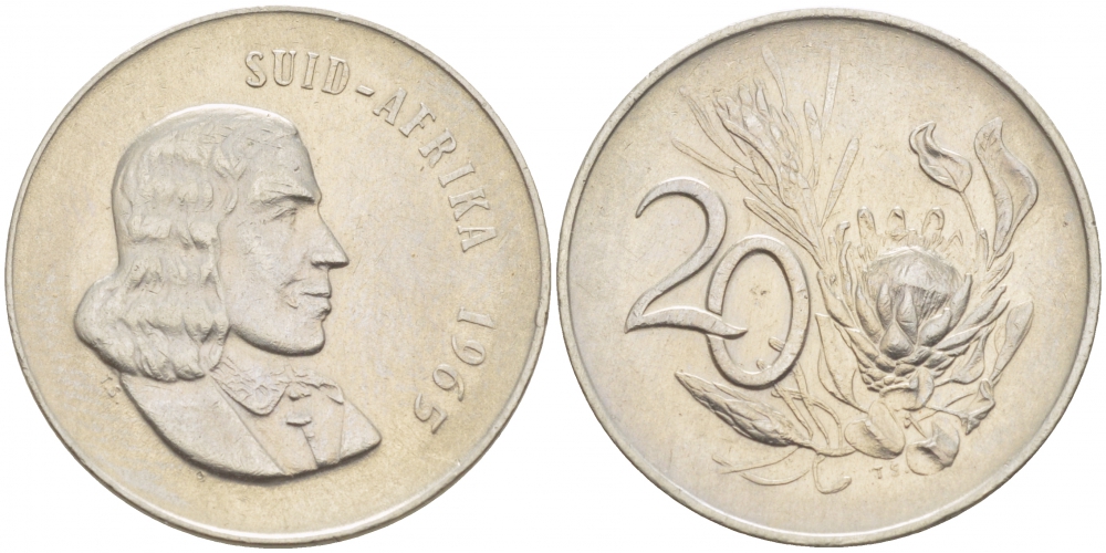 ЮАР 20 ЦЕНТОВ 1965 SUID, ЯН ВАН РИБЕК (1619-1677), ГОЛАНДСКИЙ ИССЛЕДОВАТЕЛЬ , МОРЕПЛАВАТЕЛЬ, ОСНОВАТЕЛЬ Г. КЕЙПТАУНА, ЦВЕТОК ПРОТЕЯ, АФРИКАНСКАЯ ЛЕГЕНДА KM 69.2 никель 213-742