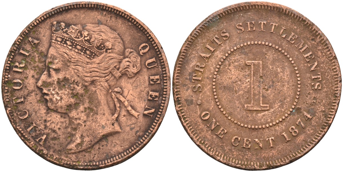 Стрейтс-Сетлментс 1 цент 1874 Виктория (1837-1901), Ост-Индская компания KM 9 медь 4590-345