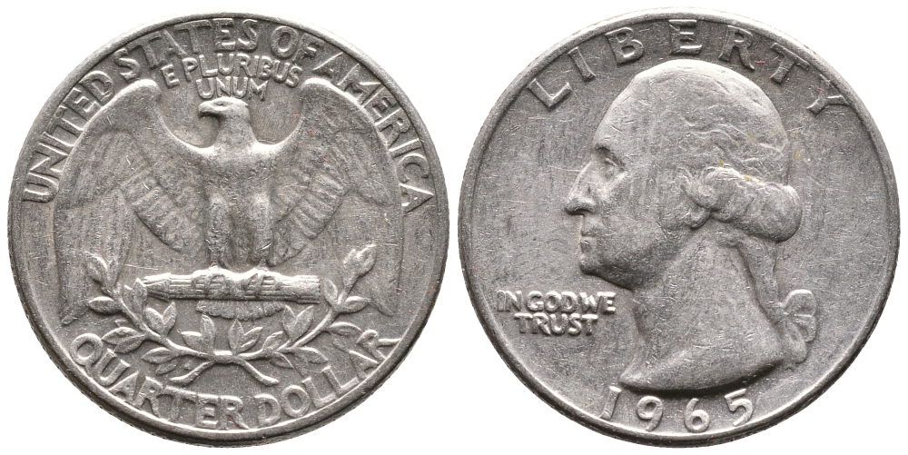 США 25 центов (квотер) 1965 Вашингтон KM 164а медь плакированная медно-никелем 4364-425