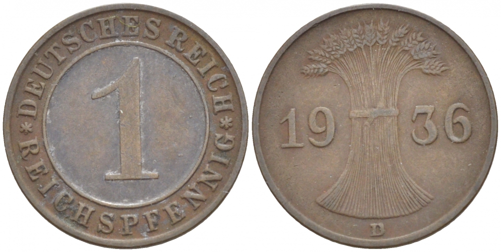 ГЕРМАНИЯ 1 РЕЙХСПФЕННИГ 1936 D KM 37, J 313 бронза 4532-532