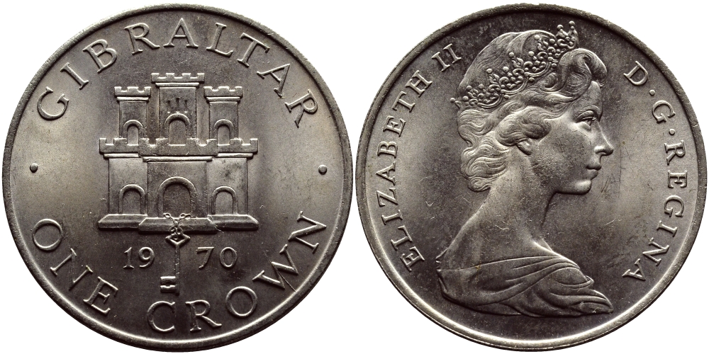 Гибралтар 1 крона 1970 Елизавета II (1952-2022), старый замок KM 4 медно-никель UNC 74-1113