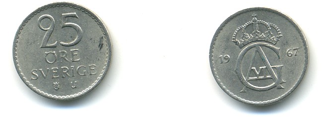 Швеция 25 эре 1967 U Густав VI Адольф (1950-1973) KM 836 медно-никель 80-769