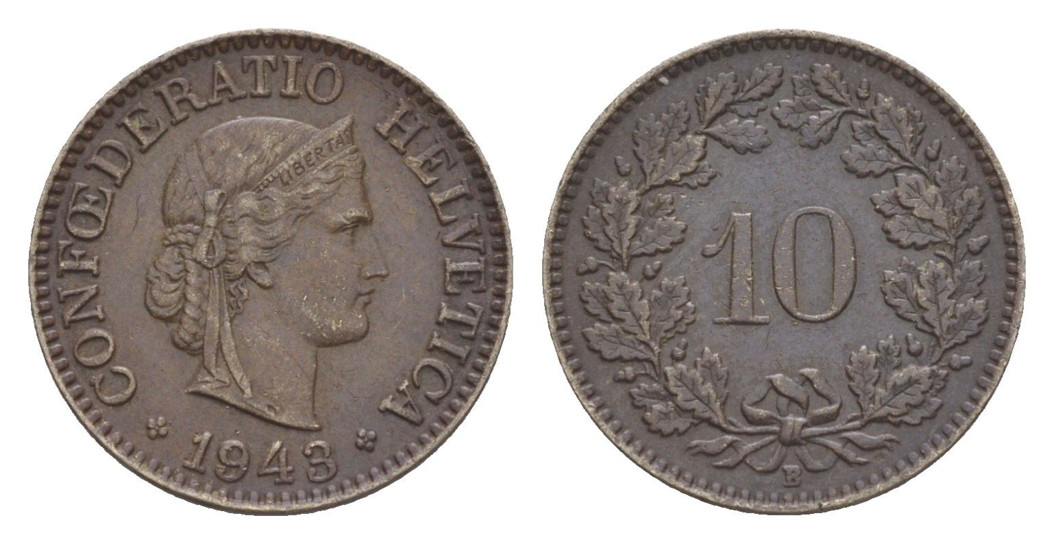Швейцария 10 раппенов 1943 B KM 27 медно-никель 4609-544