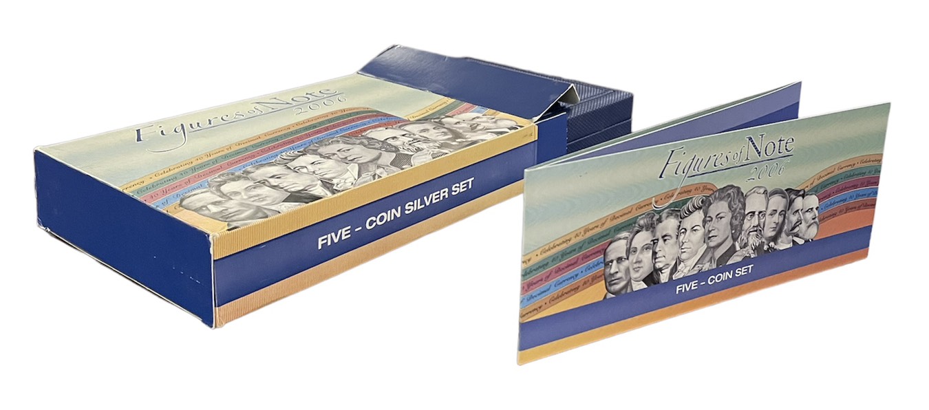 Австралия набор из 5 монет по 1 доллару 2006 лица на банкнотах, красочный набор, с сертификатом, серебро PROOF 1-4-6-06