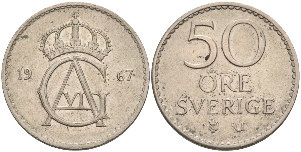 Швеция 50 эре 1967 U, Густав VI Адольф (1950-1973) KM 837 медно-никель 4382-957