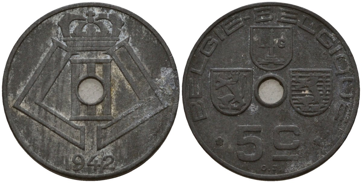 Бельгия 5 сантимов 1942 Belgie - Belgique, Леопольд III (1934-1947), германская оккупация, Вторая мировая война KM 124 цинк 4160-1133