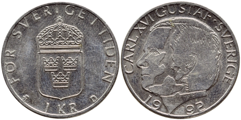 Швеция 1 крона 1992 Карл XVI Густав (1973- ) KM 852a медно-никель 4384-1153