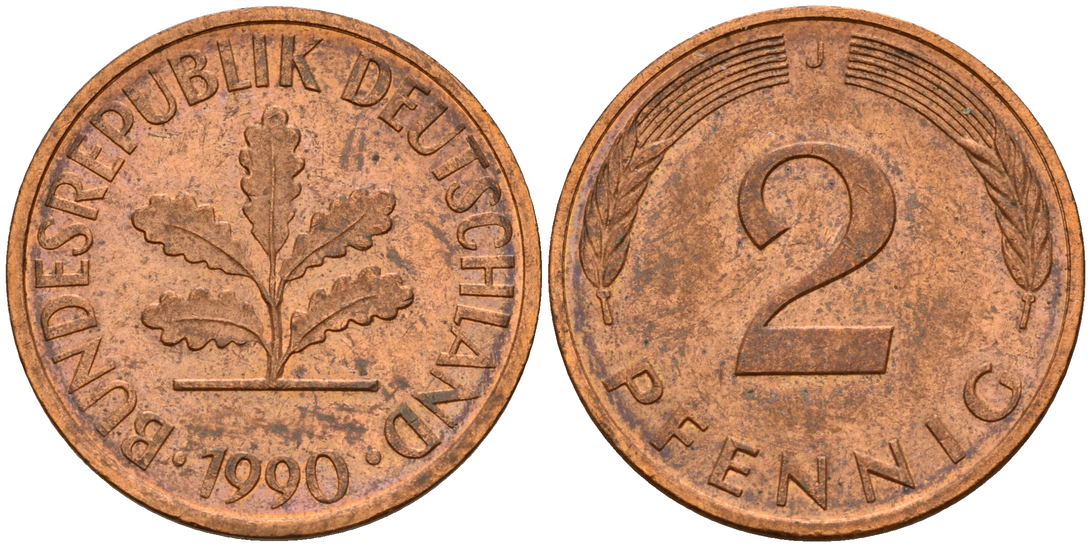 ФРГ 2 пфеннига 1990 J J.381a, KM 106a сталь плакированная медью    4598-926