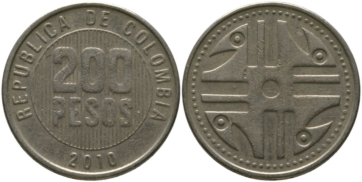 Колумбия 200 песо 2010 KM 287.4, Schon 113, Restrepo 446 никель латунь 4538-433