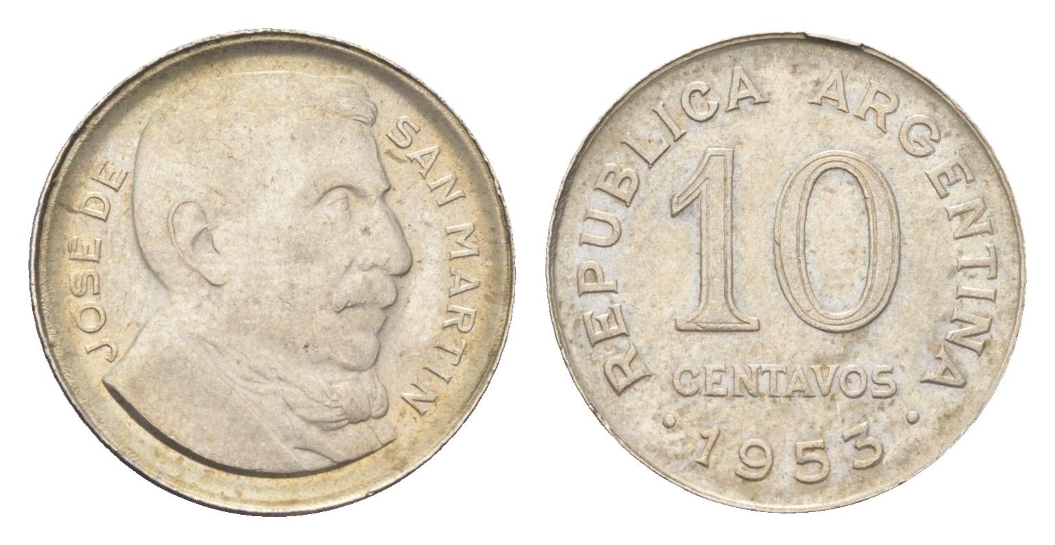 Аргентина 10 сентаво 1953 генерал Хосе де Сан Мартин KM 47a сталь плакированная никелем 4664-158
