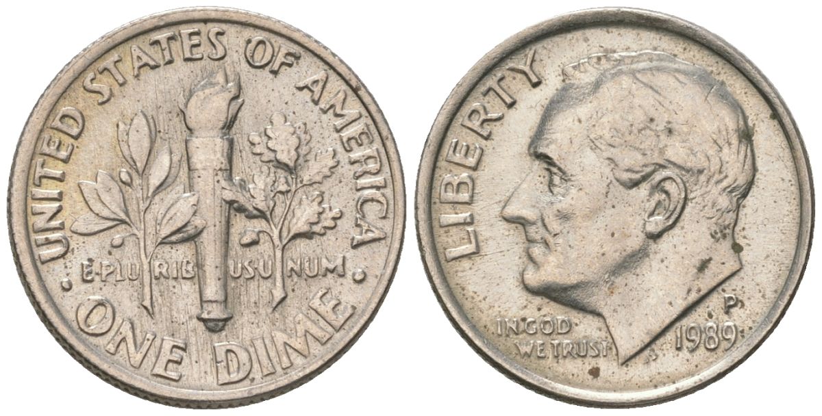 США 10 центов (дайм) 1989 P, президент Рузвельт KM 195a медь плакированный медно-никелем aUNC 4564-616