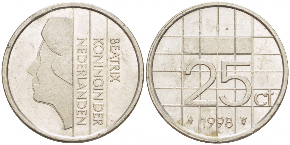 Нидерланды 25 центов 1998 Беатрикс (1980-2013) KM 204 никель 3457-1135
