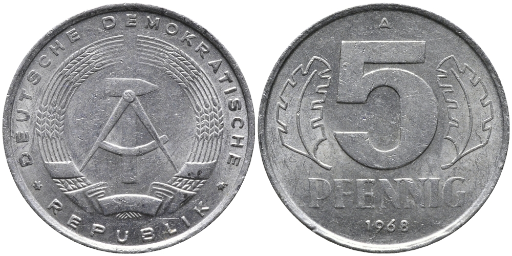 ГДР 5 ПФЕННИГОВ 1968 А KM 9.1 алюминий 33-321